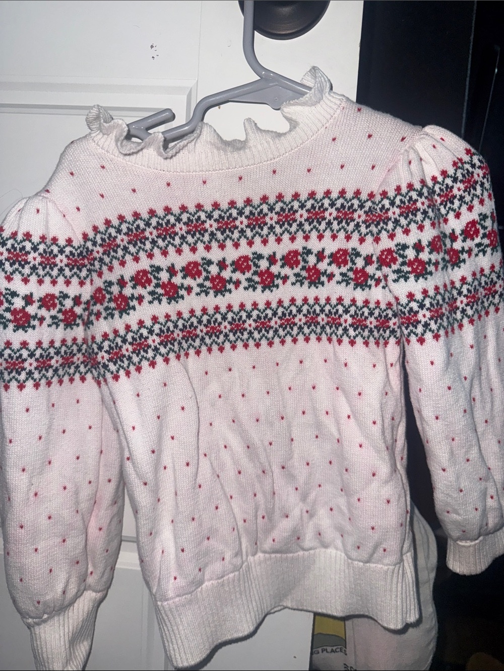 Janie and Jack White Fair Isle Floral Ruffle-Neck Sweater